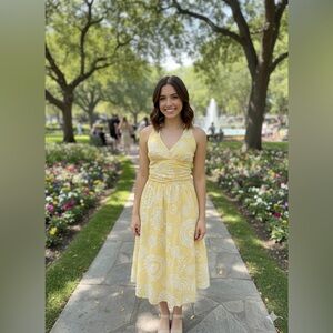 Bisou Bisou Yellow and White Patterned Midi Dress open-back